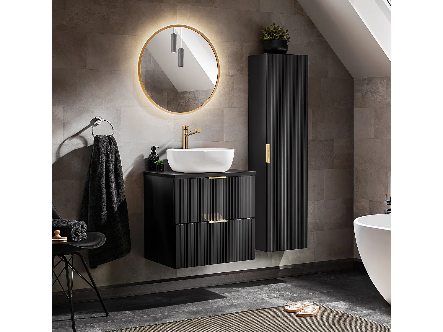 Bathroom Furniture Set Wall Hung Vanity with Basin 600mm Countertop and Tall Cabinet Tallboy Black Ribbed Fluted Adel