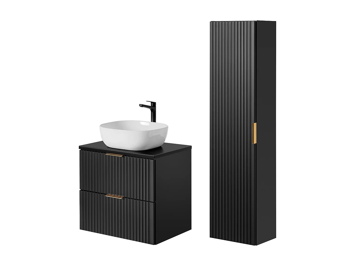 Bathroom Furniture Set Wall Hung Vanity with Basin 600mm Countertop and Tall Cabinet Tallboy Black Ribbed Fluted Adel