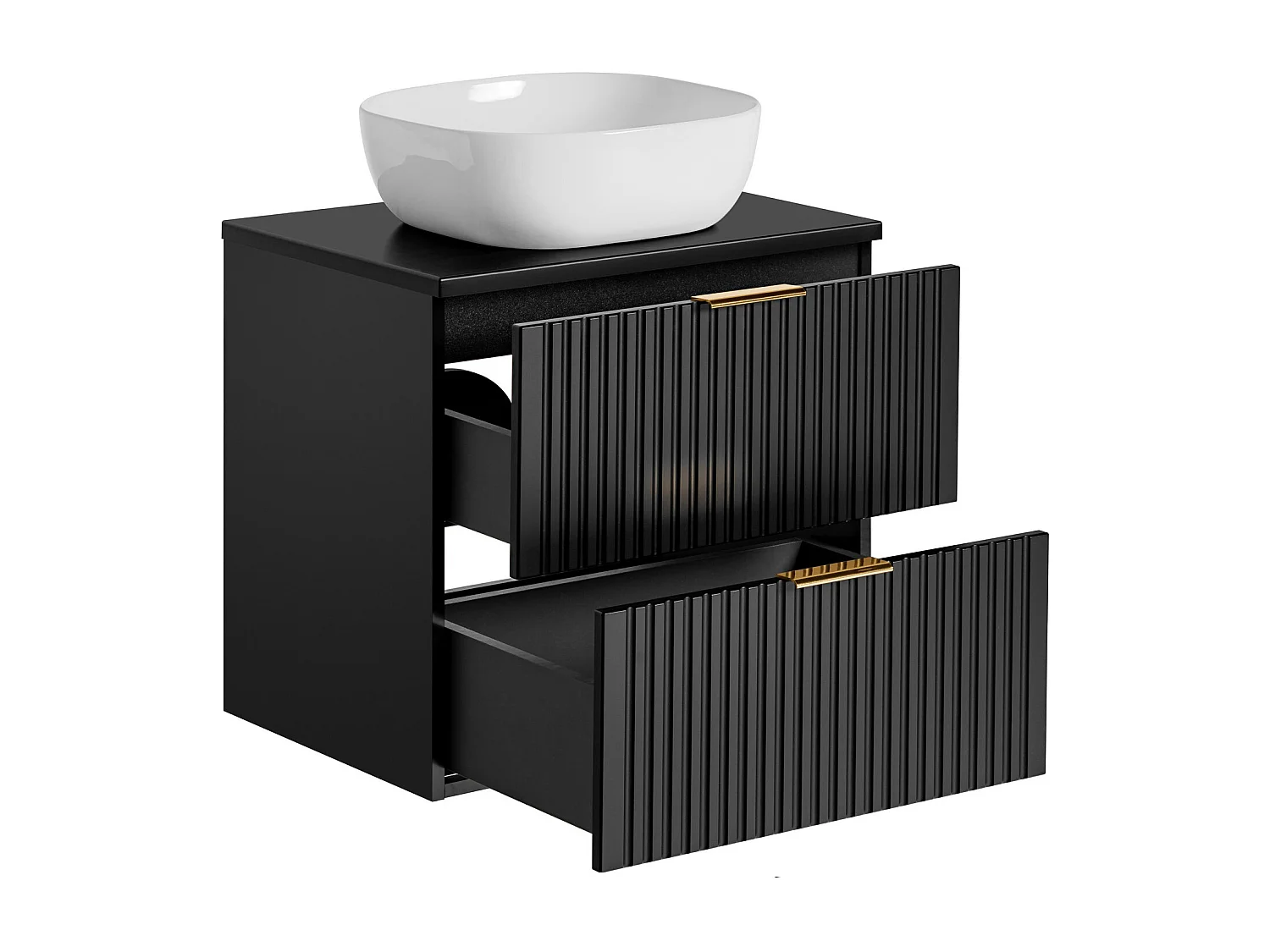 Bathroom Furniture Set Wall Hung Vanity with Basin 600mm Countertop and Tall Cabinet Tallboy Black Ribbed Fluted Adel