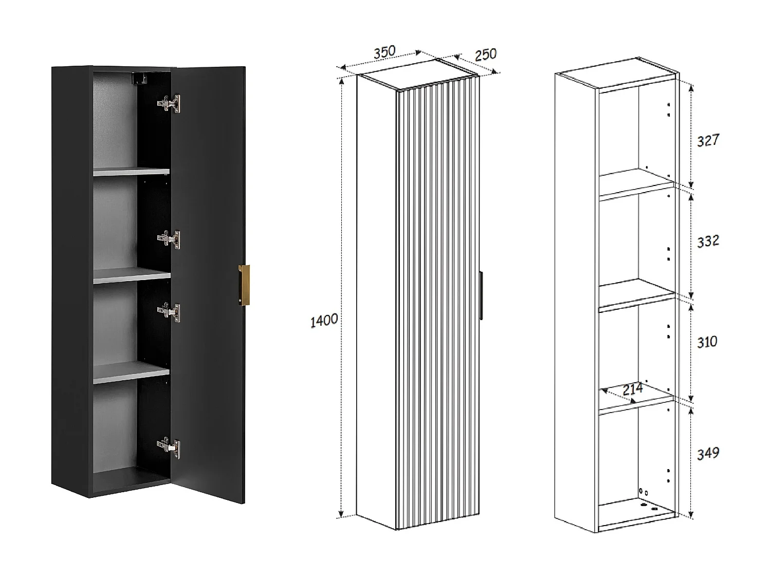 Bathroom Furniture Set Wall Hung Vanity with Basin 600mm Countertop and Tall Cabinet Tallboy Black Ribbed Fluted Adel