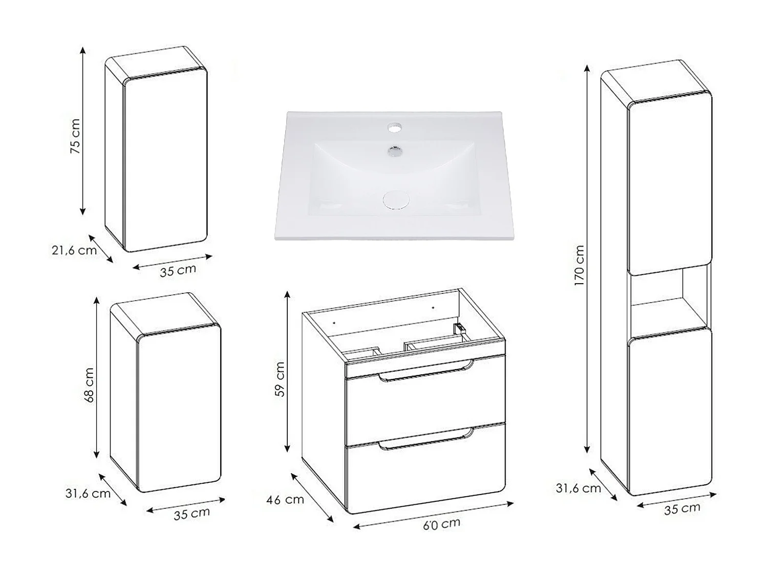 Bathroom Furniture Set 600mm Vanity Sink Unit Wall Cabinet Tallboy White Gloss Oak Aruba