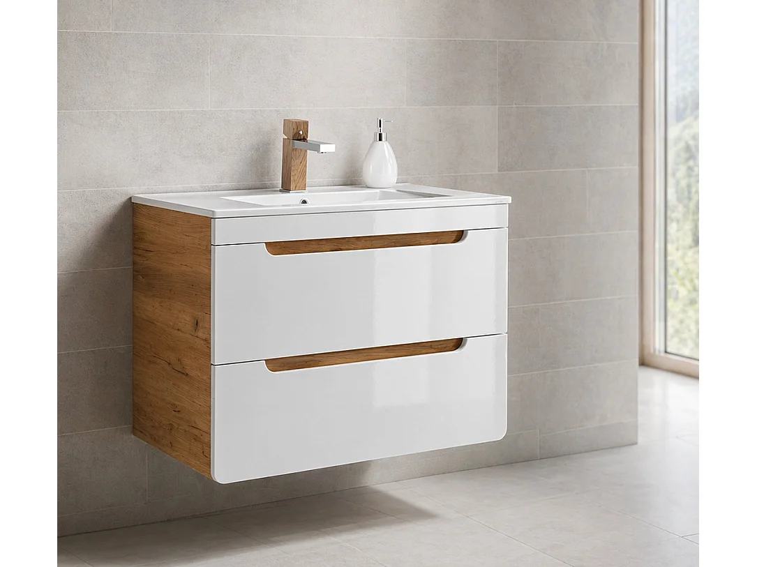 Bathroom Vanity Unit 800mm Wall Hung Sink Cabinet Compact Handleless Drawers White Gloss Oak Aruba