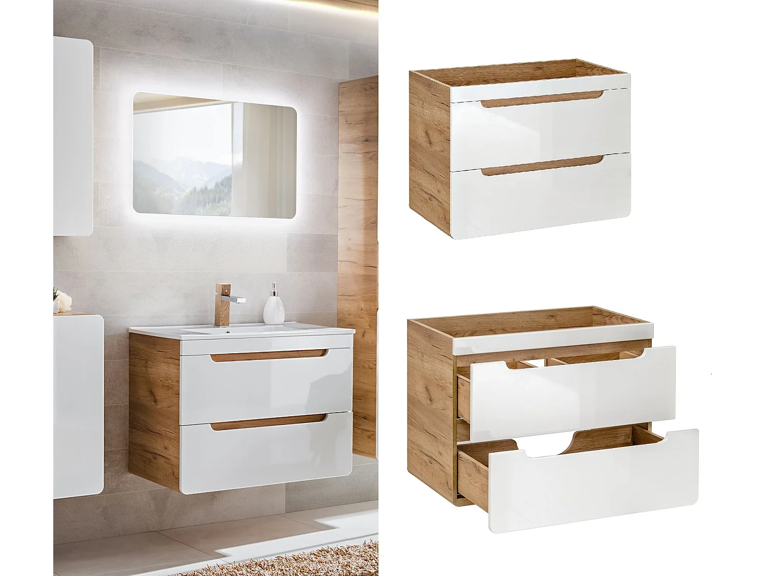 Bathroom Vanity Unit 800mm Wall Hung Sink Cabinet Compact Handleless Drawers White Gloss Oak Aruba