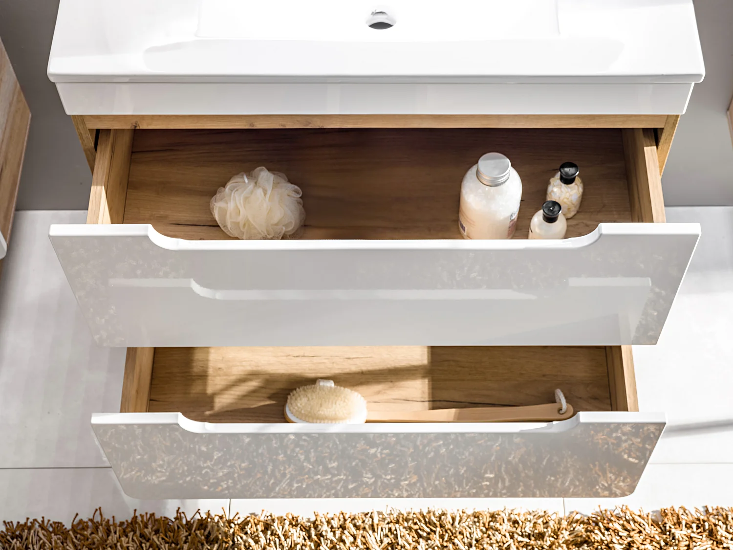 Bathroom Vanity Unit 800mm Wall Hung Sink Cabinet Compact Handleless Drawers White Gloss Oak Aruba