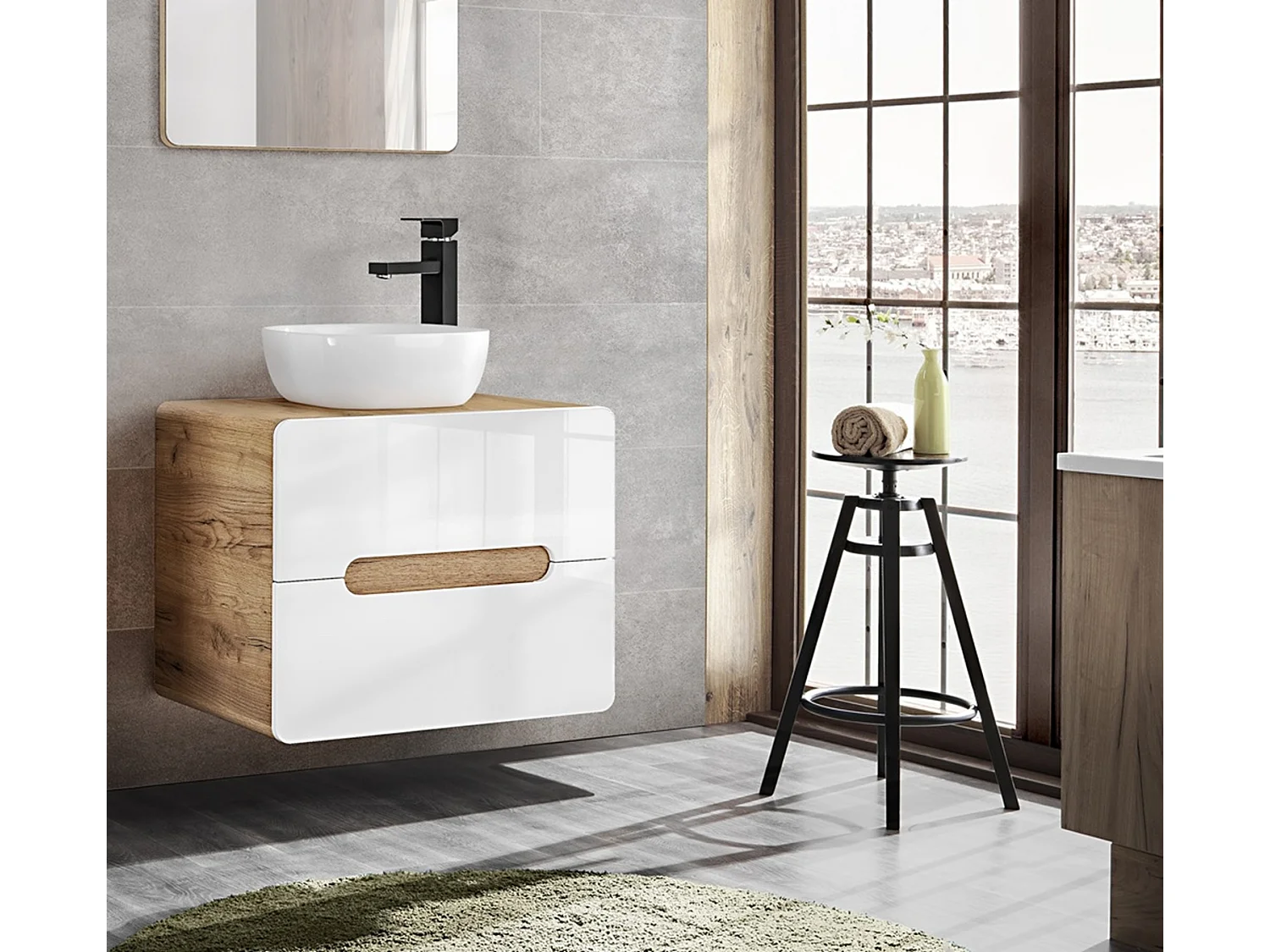 Wall Hung Vanity Unit 600mm Countertop Bathroom Sink Cabinet with Drawers Handleless White Gloss Oak Aruba
