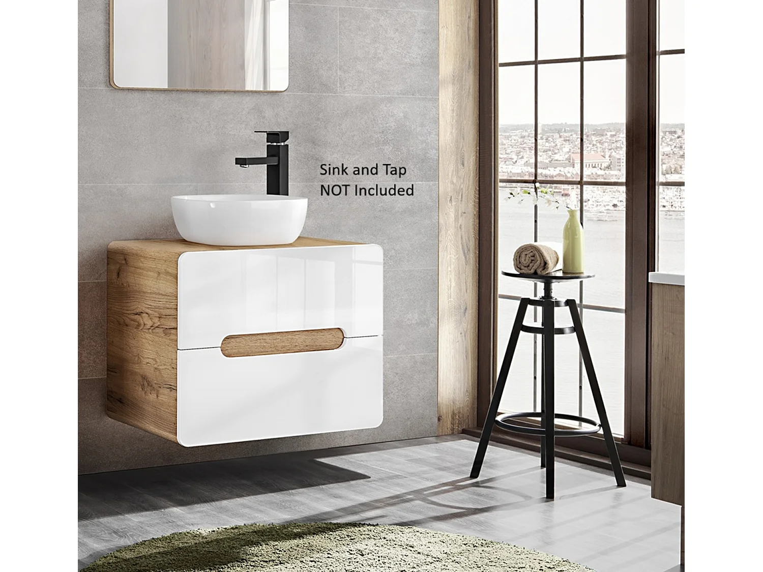 Wall Hung Vanity Unit 600mm Countertop Bathroom Sink Cabinet with Drawers Handleless White Gloss Oak Aruba