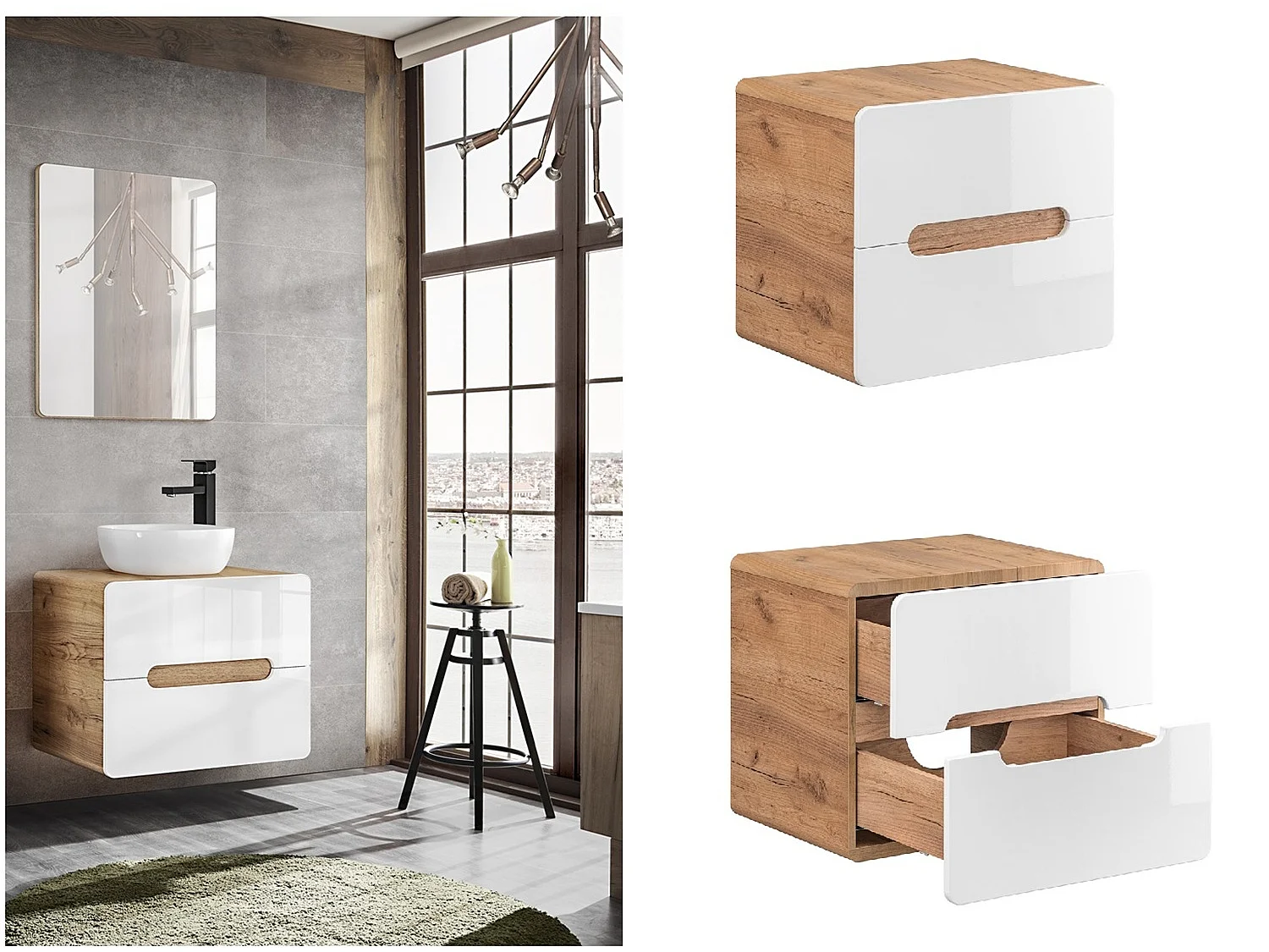 Wall Hung Vanity Unit 600mm Countertop Bathroom Sink Cabinet with Drawers Handleless White Gloss Oak Aruba