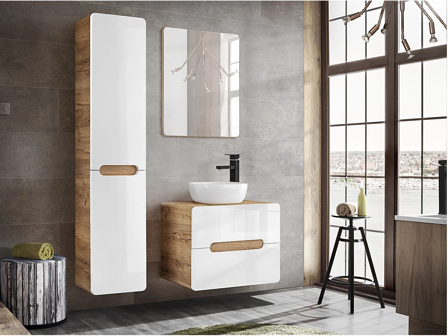 Wall Hung Vanity Unit 600mm Countertop Bathroom Sink Cabinet with Drawers Handleless White Gloss Oak Aruba