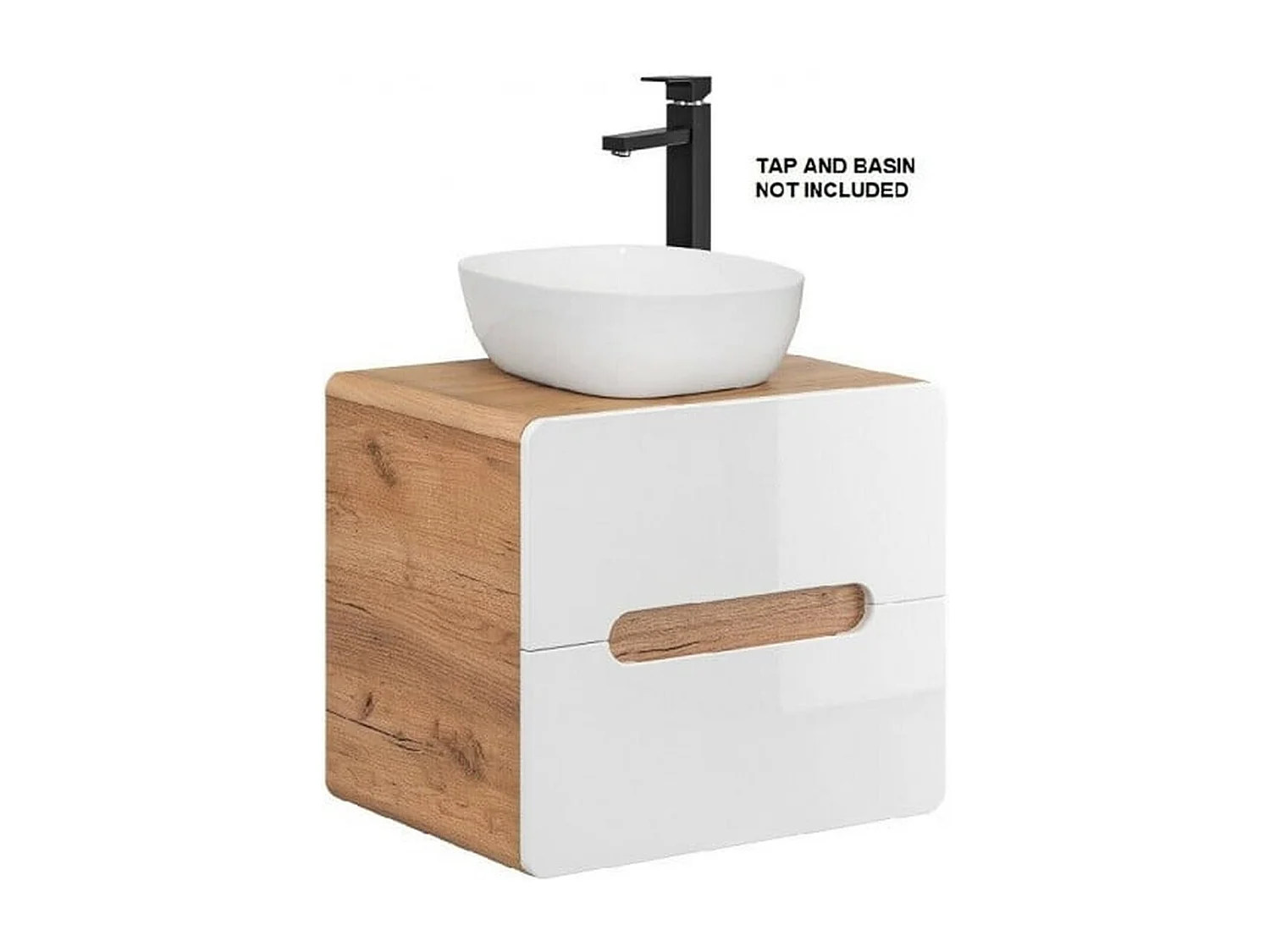 Wall Hung Vanity Unit 600mm Countertop Bathroom Sink Cabinet with Drawers Handleless White Gloss Oak Aruba