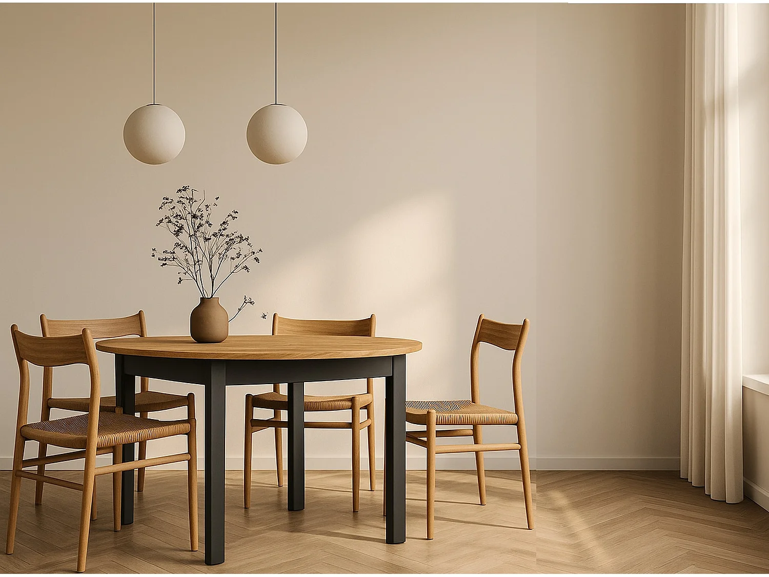 Round Dining Table Extendable Oval Oak Effect Top Black Legs Kitchen Seater 4 6 8 10 12 Extending from 105cm to 240cm Indus