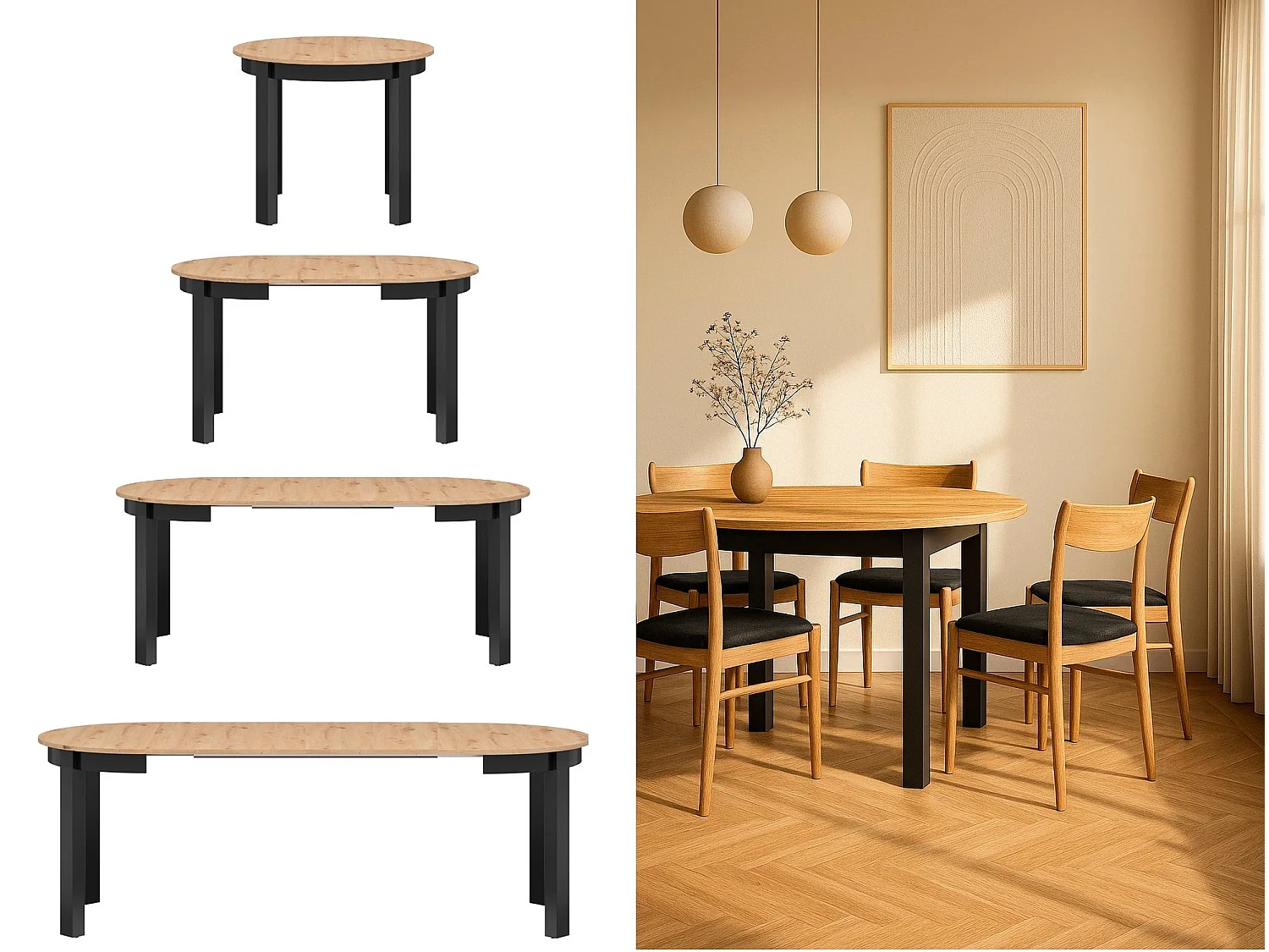 Round Dining Table Extendable Oval Oak Effect Top Black Legs Kitchen Seater 4 6 8 10 12 Extending from 105cm to 240cm Indus