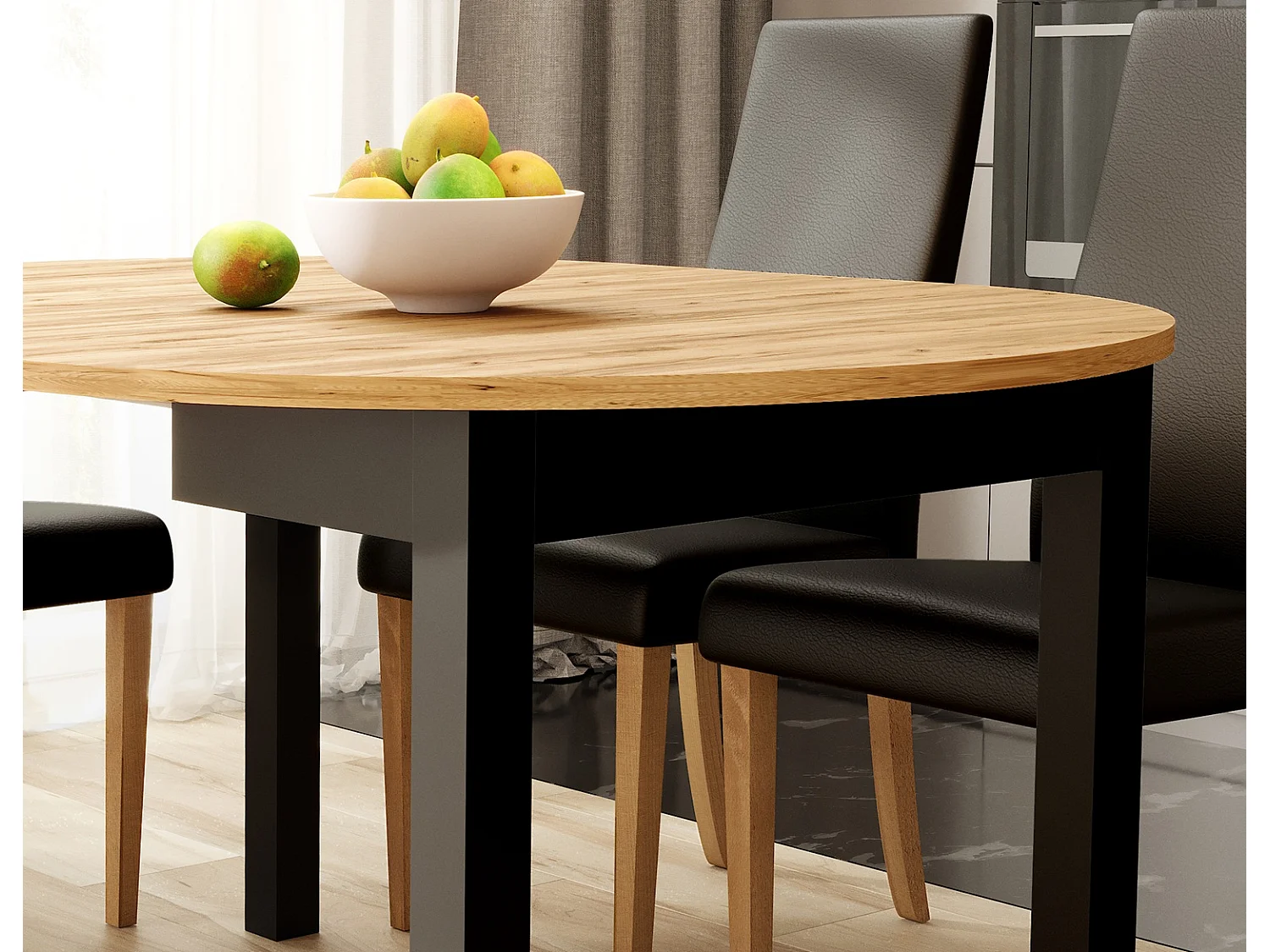 Round Dining Table Extendable Oval Oak Effect Top Black Legs Kitchen Seater 4 6 8 10 12 Extending from 105cm to 240cm Indus