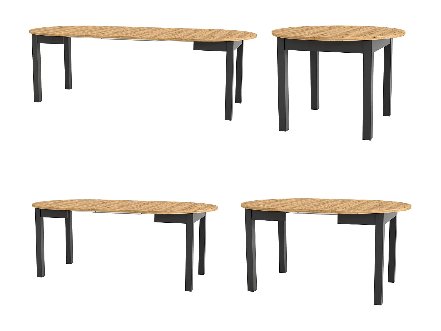 Round Dining Table Extendable Oval Oak Effect Top Black Legs Kitchen Seater 4 6 8 10 12 Extending from 105cm to 240cm Indus