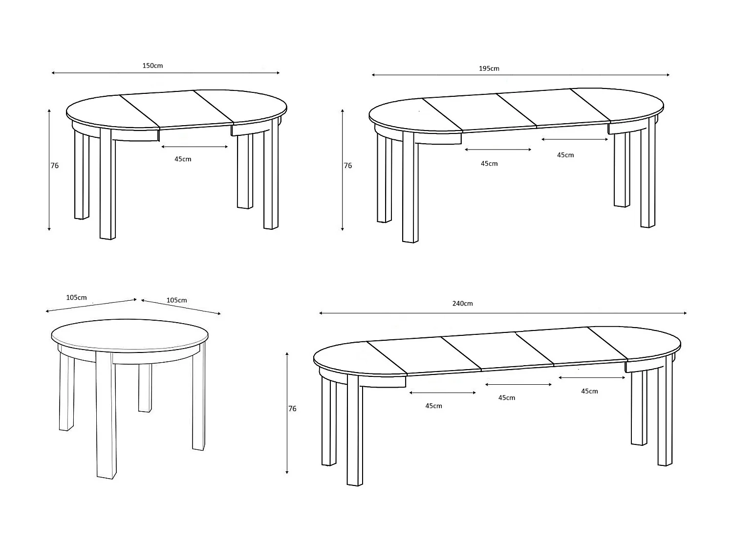 Round Dining Table Extendable Oval Oak Effect Top Black Legs Kitchen Seater 4 6 8 10 12 Extending from 105cm to 240cm Indus