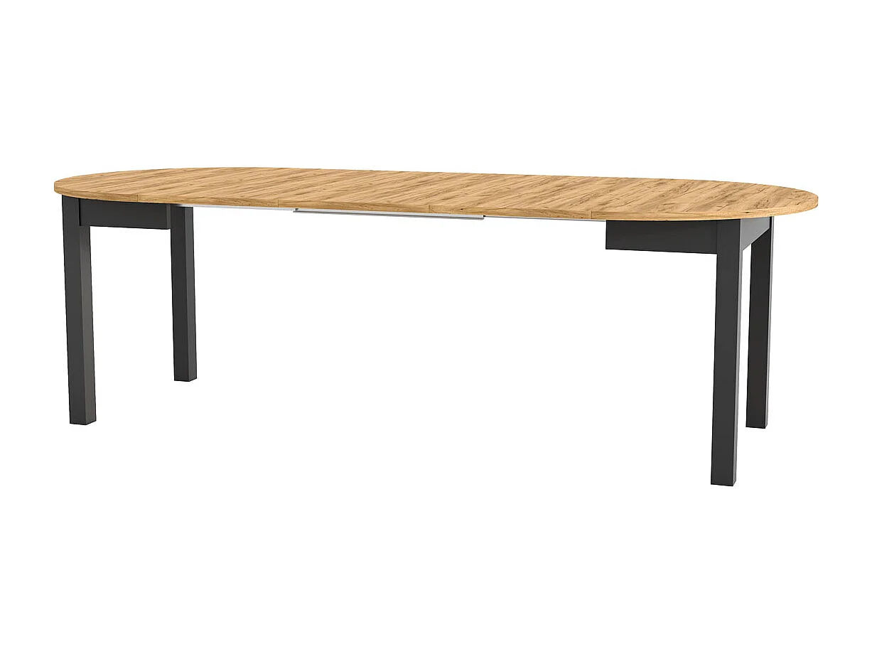 Round Dining Table Extendable Oval Oak Effect Top Black Legs Kitchen Seater 4 6 8 10 12 Extending from 105cm to 240cm Indus