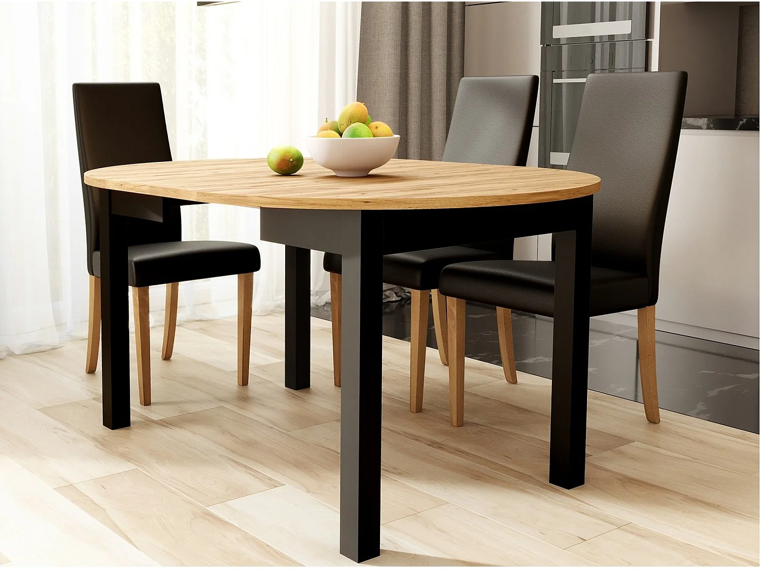 Round Dining Table Extendable Oval Oak Effect Top Black Legs Kitchen Seater 4 6 8 10 12 Extending from 105cm to 240cm Indus