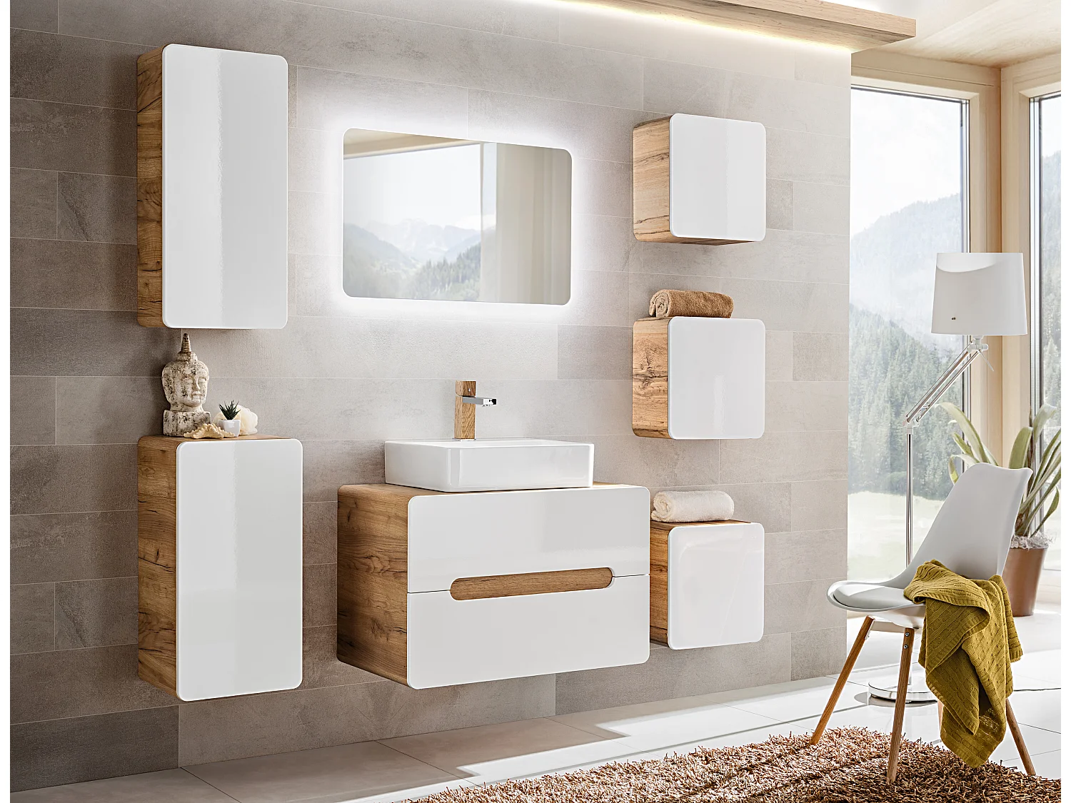 Bathroom Wall Cabinet Tall Storage Unit White Gloss and Oak Tallboy Slim Narrow Shelving Aruba