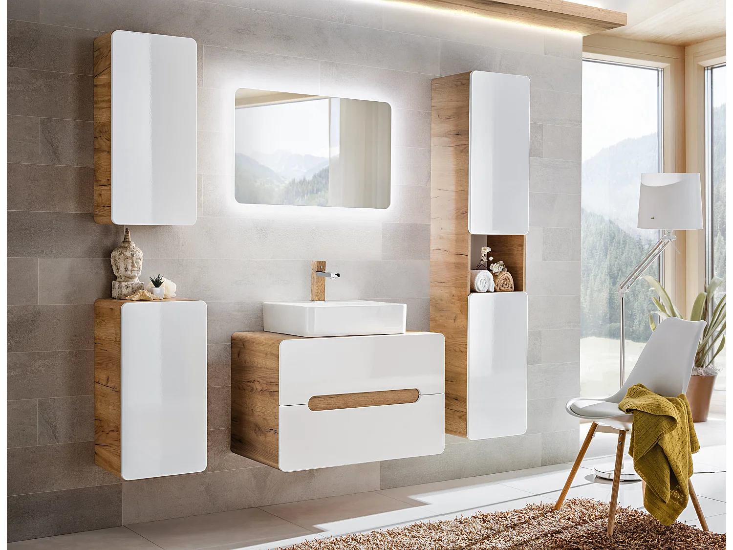 Bathroom Wall Cabinet Tall Storage Unit White Gloss and Oak Tallboy Slim Narrow Shelving Aruba