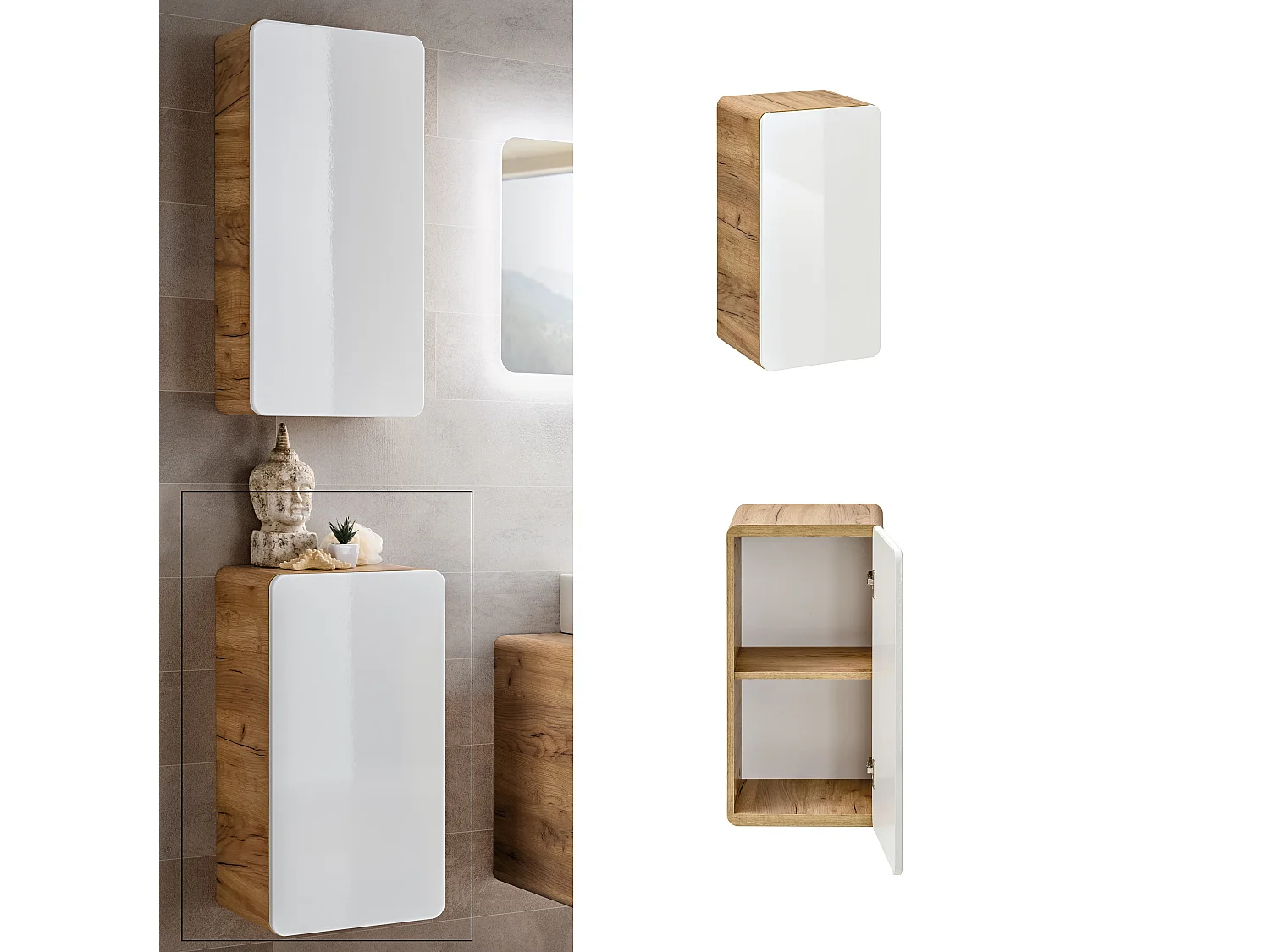 Small Bathroom Wall Cabinet Slim Narrow Storage Unit Compact Cupboard White Gloss and Oak Aruba