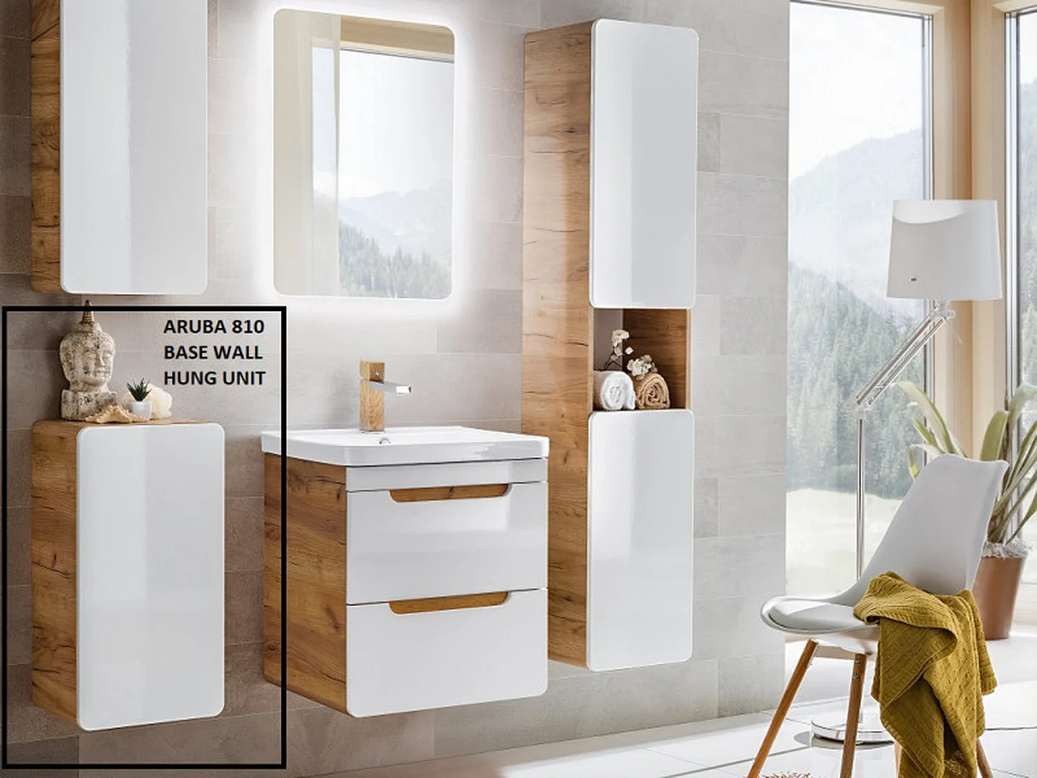 Small Bathroom Wall Cabinet Slim Narrow Storage Unit Compact Cupboard White Gloss and Oak Aruba