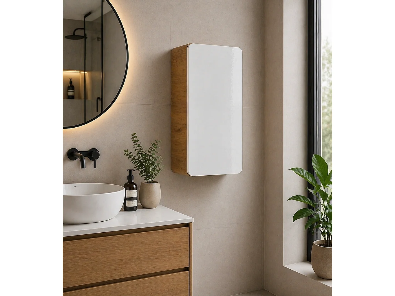 Small Bathroom Wall Cabinet Slim Narrow Storage Unit Compact Cupboard White Gloss and Oak Aruba