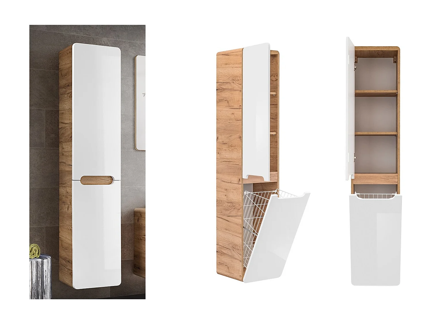 Bathroom Laundry Cabinet Pull Out Tilt Out Basket Tall Wall Hung Unit Linen Storage Hamper White Gloss and Oak Arub