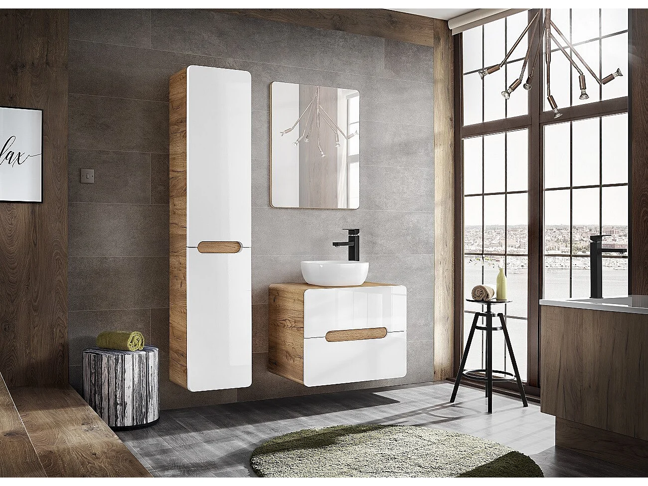 Bathroom Laundry Cabinet Pull Out Tilt Out Basket Tall Wall Hung Unit Linen Storage Hamper White Gloss and Oak Arub
