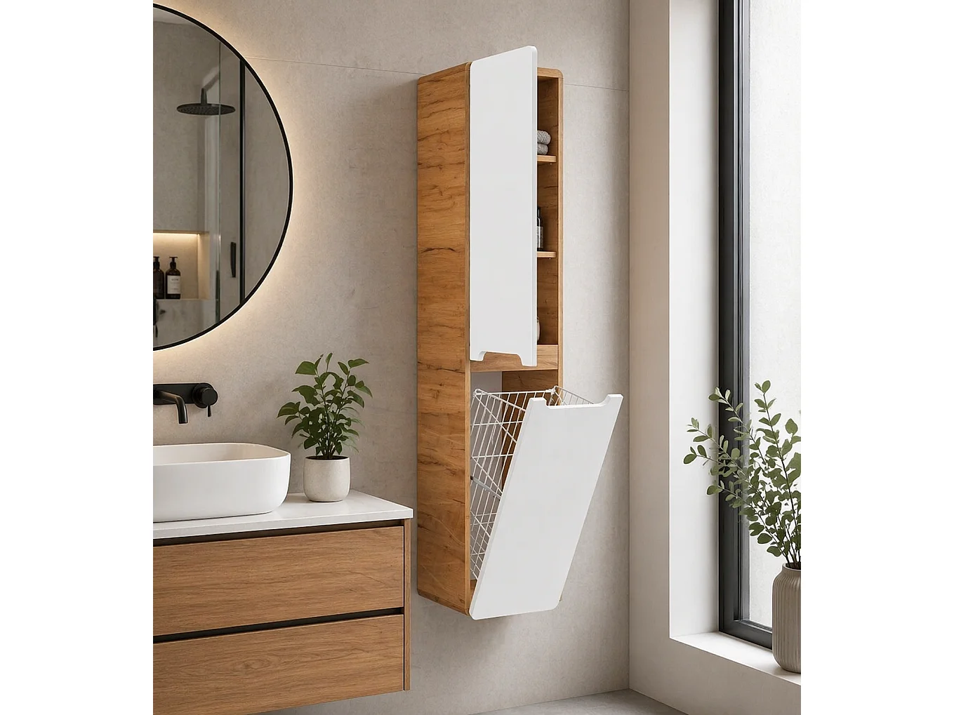 Bathroom Laundry Cabinet Pull Out Tilt Out Basket Tall Wall Hung Unit Linen Storage Hamper White Gloss and Oak Arub