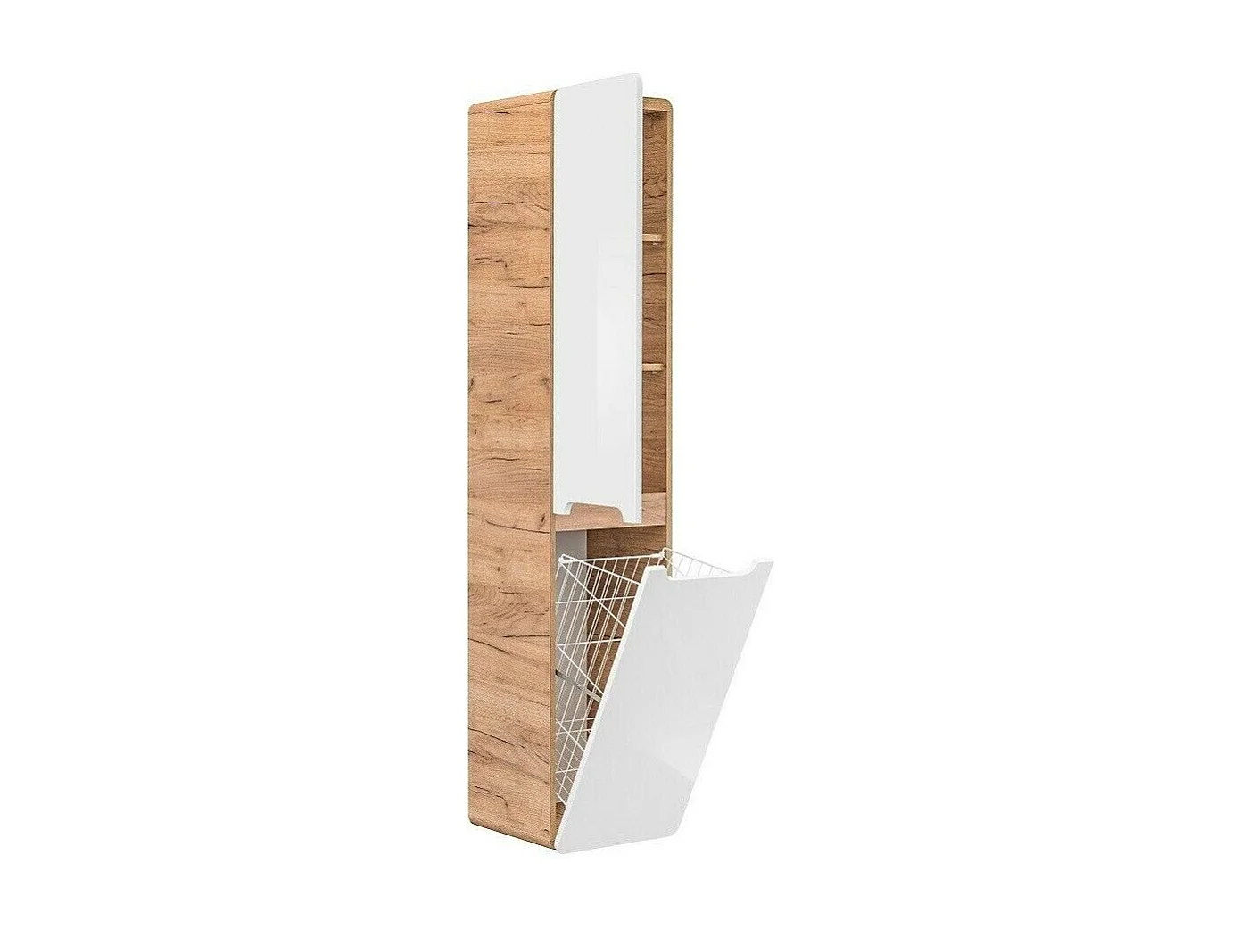 Bathroom Laundry Cabinet Pull Out Tilt Out Basket Tall Wall Hung Unit Linen Storage Hamper White Gloss and Oak Arub