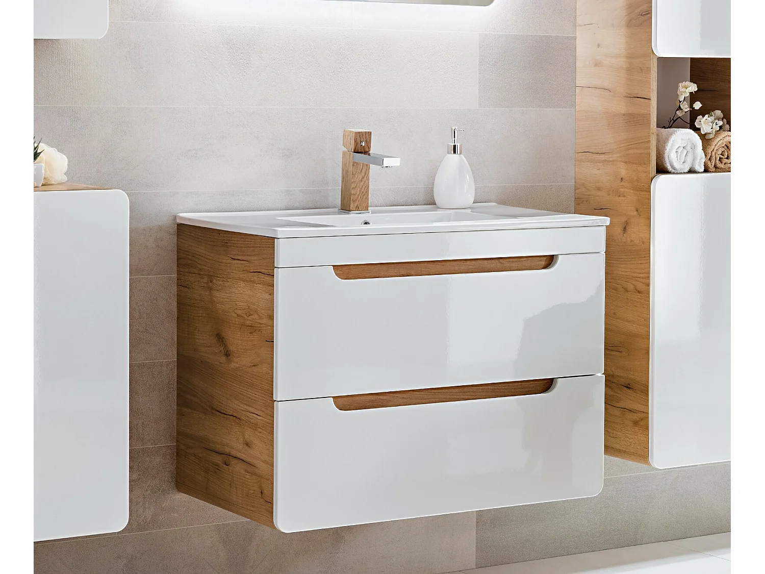Wall Hung Vanity Unit with Basin 600mm Drawers Bathroom Sink Cabinet White Gloss Oak Effect Aruba