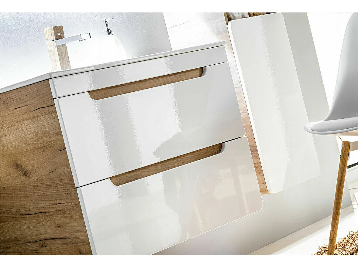 Wall Hung Vanity Unit with Basin 600mm Drawers Bathroom Sink Cabinet White Gloss Oak Effect Aruba