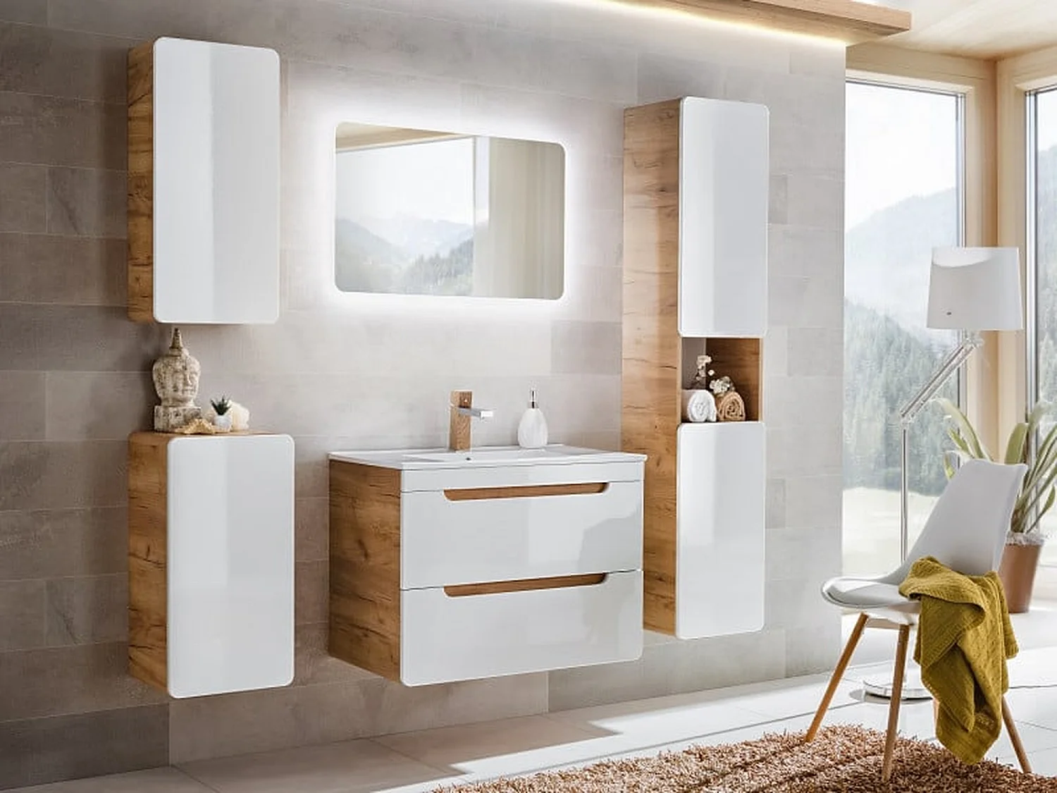 Wall Hung Vanity Unit with Basin 600mm Drawers Bathroom Sink Cabinet White Gloss Oak Effect Aruba