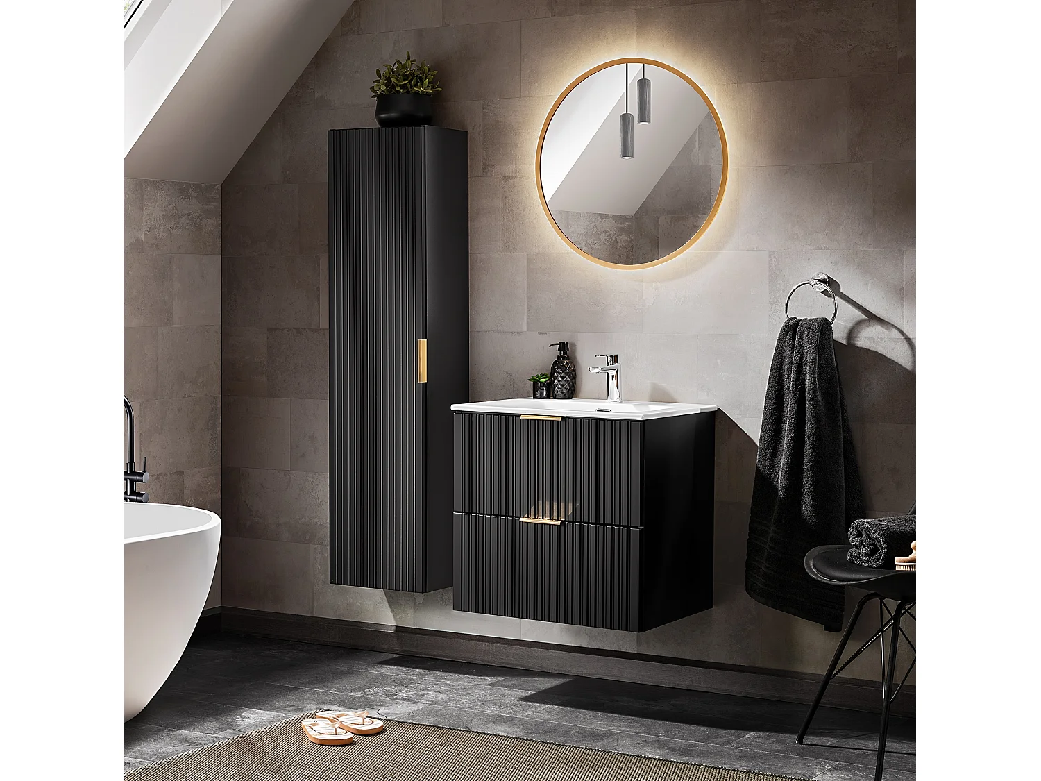Bathroom Vanity Unit 600mm Drawer and Tall Cabinet Tallboy Furniture Set Black Modern Wall Hung Ribbed Fluted Adel