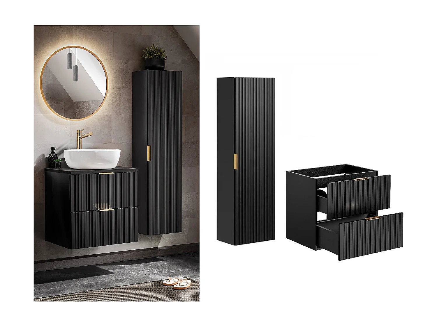 Bathroom Vanity Unit 600mm Drawer and Tall Cabinet Tallboy Furniture Set Black Modern Wall Hung Ribbed Fluted Adel