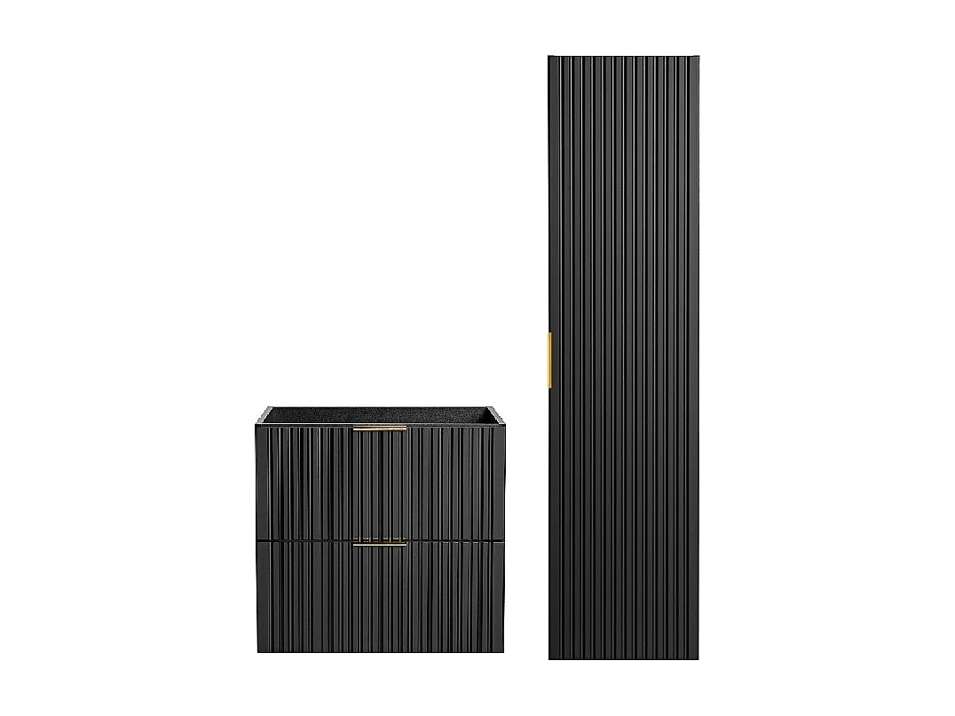 Bathroom Vanity Unit 600mm Drawer and Tall Cabinet Tallboy Furniture Set Black Modern Wall Hung Ribbed Fluted Adel