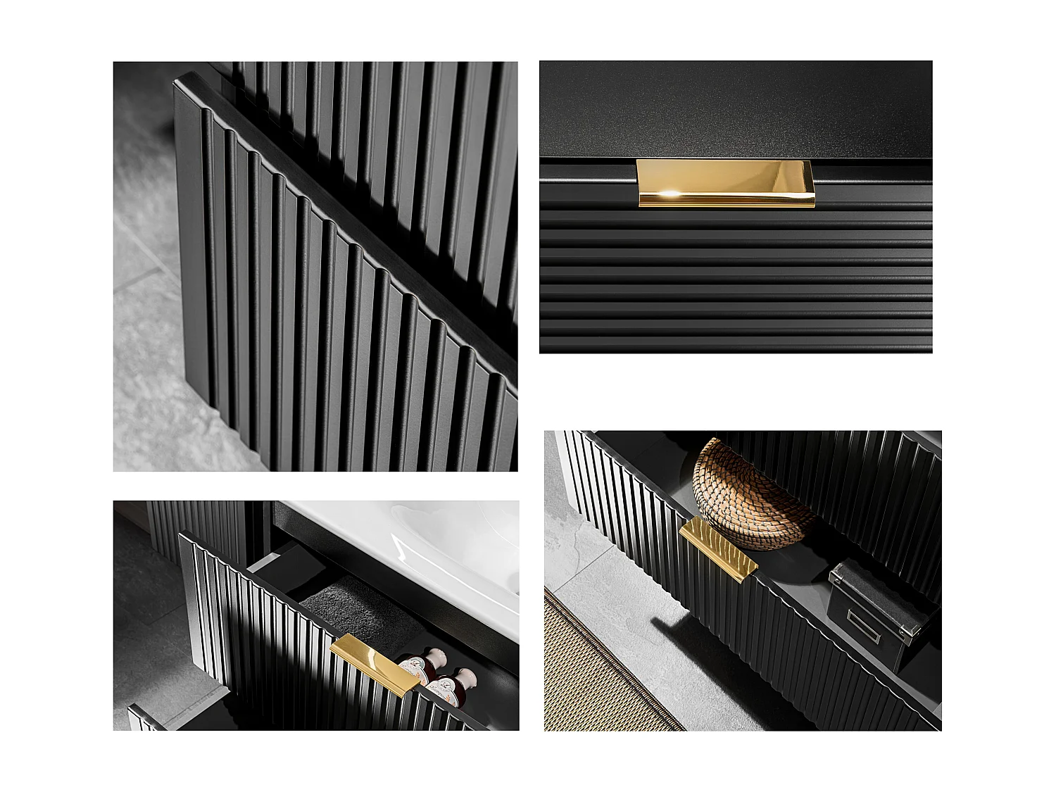 Bathroom Vanity Unit 600mm Drawer and Tall Cabinet Tallboy Furniture Set Black Modern Wall Hung Ribbed Fluted Adel