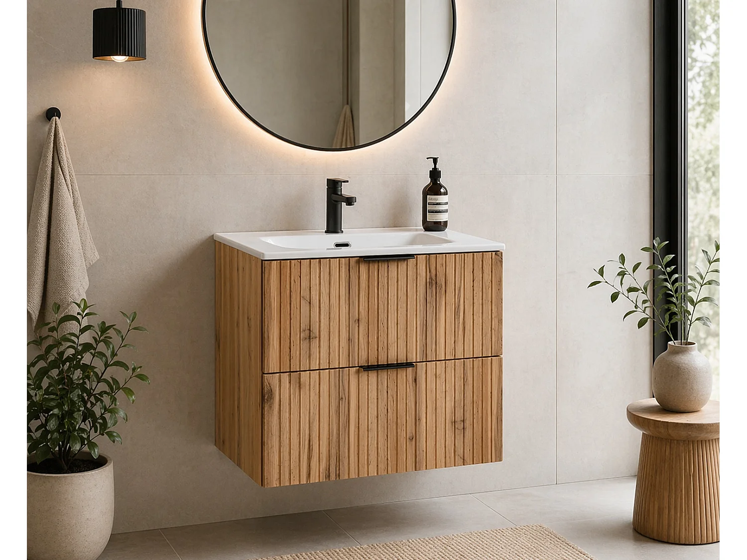 Bathroom Vanity Unit with Basin 600mm Wall Hung Sink Cabinet Ribbed Fluted Oak Effect Drawers Adel