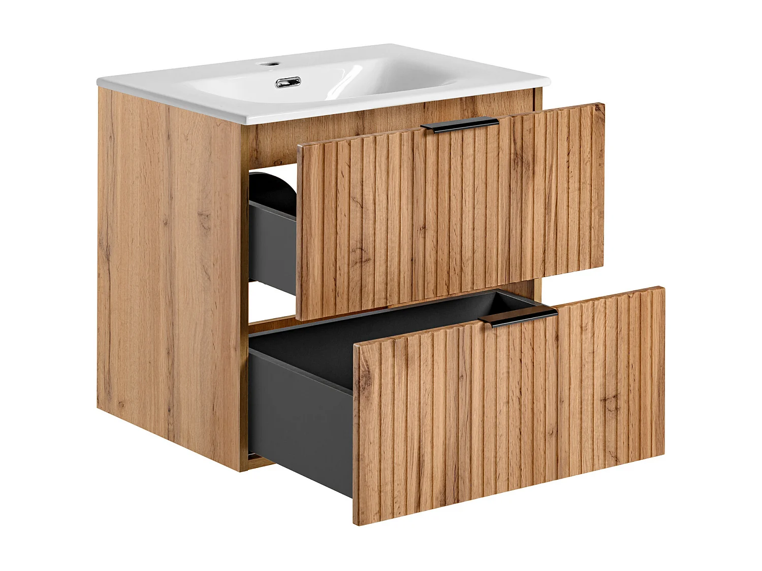 Bathroom Vanity Unit with Basin 600mm Wall Hung Sink Cabinet Ribbed Fluted Oak Effect Drawers Adel