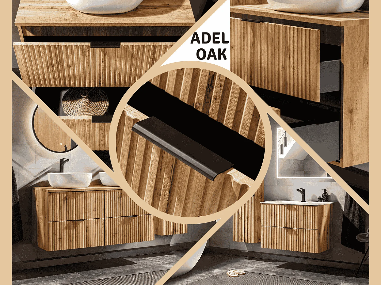 Bathroom Vanity Unit with Basin 600mm Wall Hung Sink Cabinet Ribbed Fluted Oak Effect Drawers Adel
