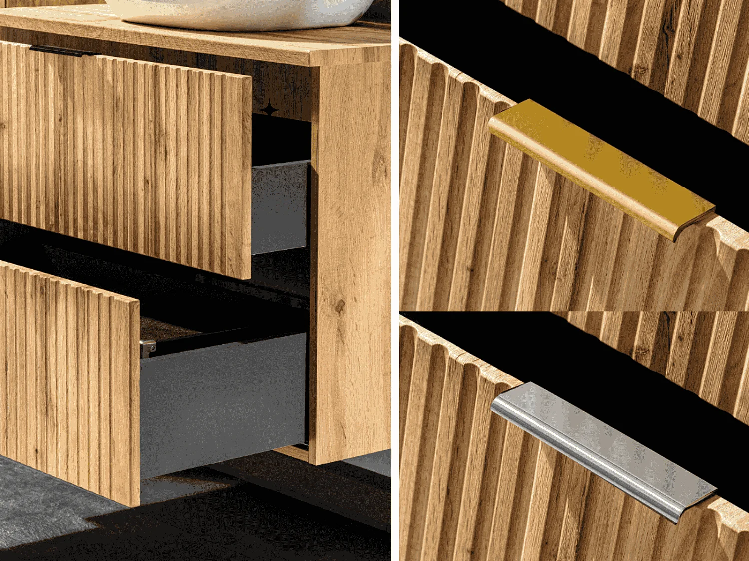 Bathroom Vanity Unit with Basin 600mm Wall Hung Sink Cabinet Ribbed Fluted Oak Effect Drawers Adel