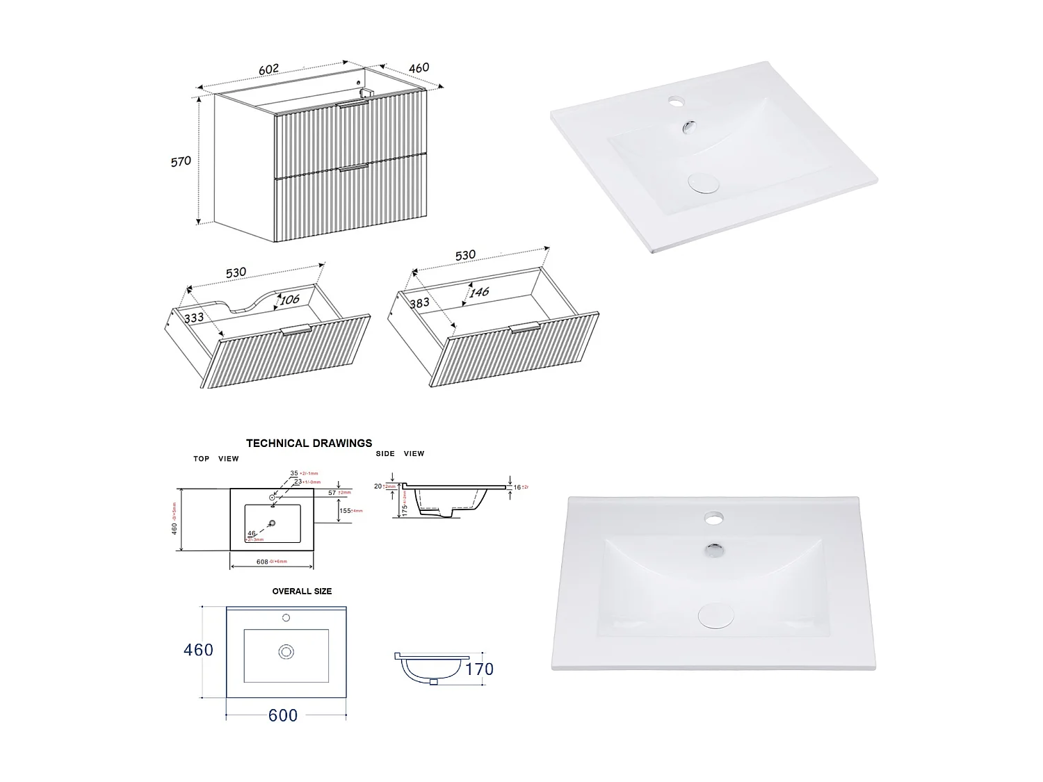 Bathroom Vanity Unit with Basin 600mm Wall Hung Sink Cabinet Ribbed Fluted Oak Effect Drawers Adel