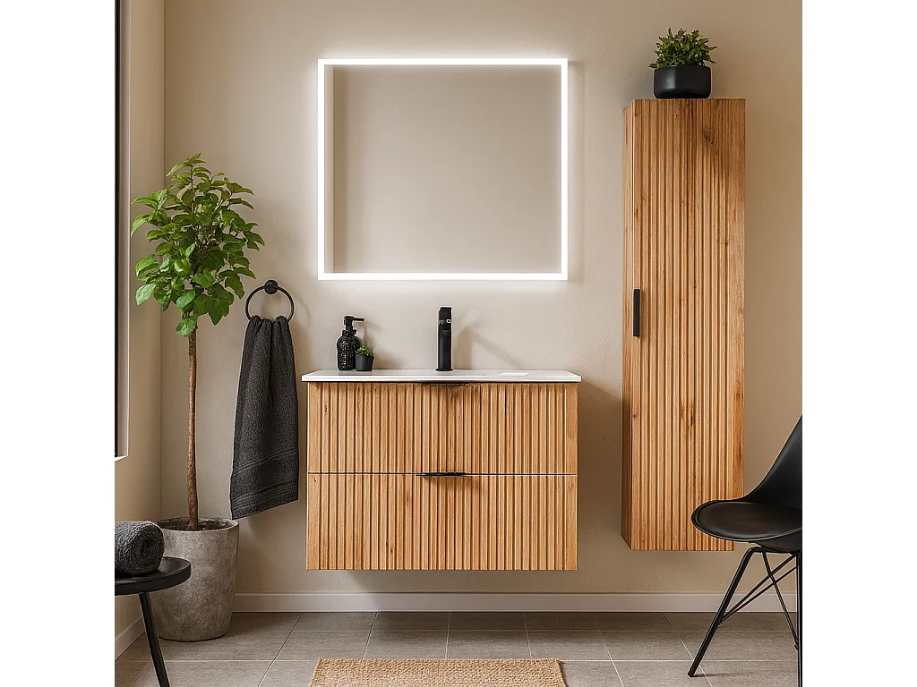 Bathroom Vanity Unit with Basin 600mm Wall Hung Sink Cabinet Ribbed Fluted Oak Effect Drawers Adel