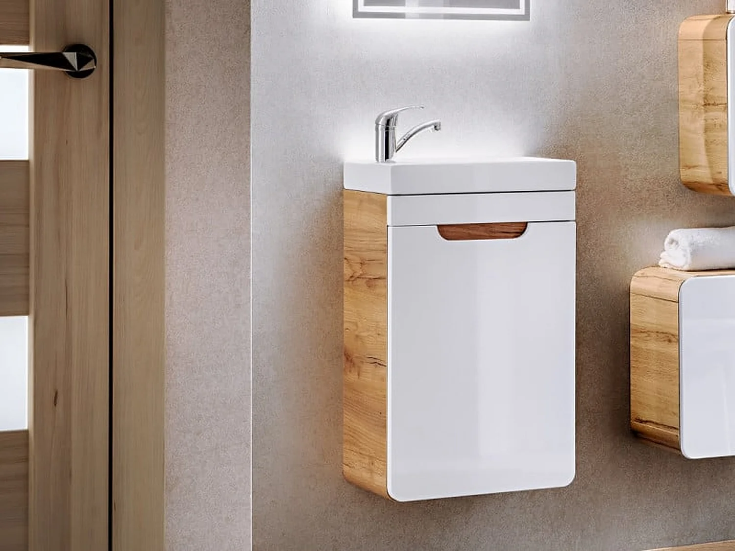 Cloakroom Vanity Unit 400mm Slim Bathroom Cabinet Wall Hung Small Sink White Gloss Oak Compact Aruba
