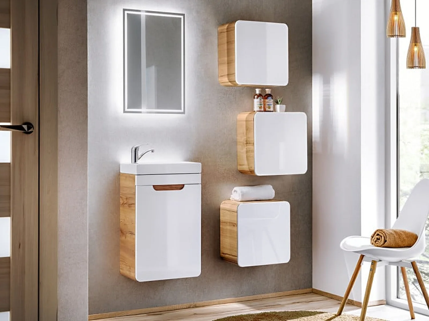 Cloakroom Vanity Unit 400mm Slim Bathroom Cabinet Wall Hung Small Sink White Gloss Oak Compact Aruba