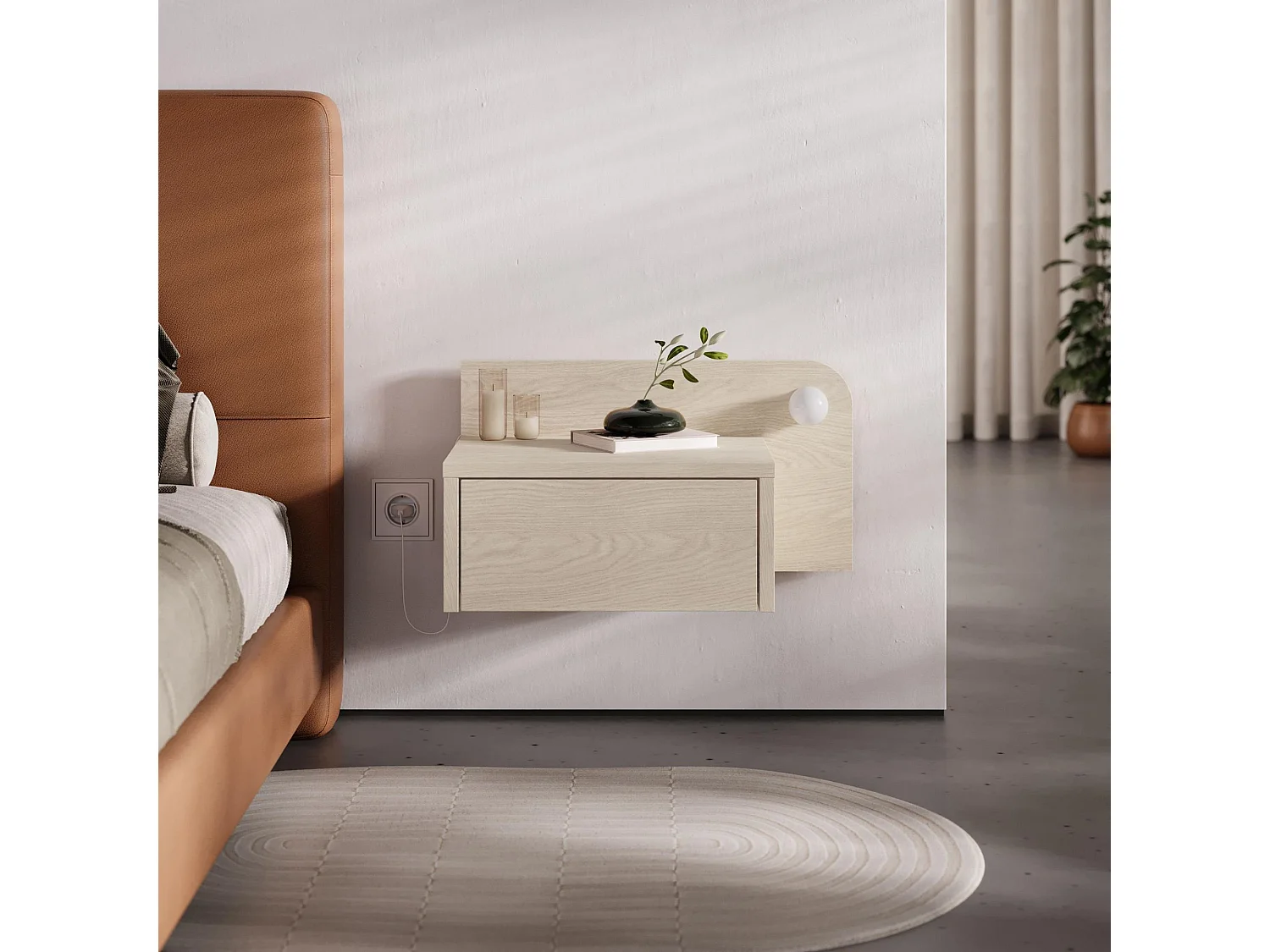 Nachttisch mit Glühbirne aus Holz "Dotta" - 52 x 30 x 28 cm - Beige