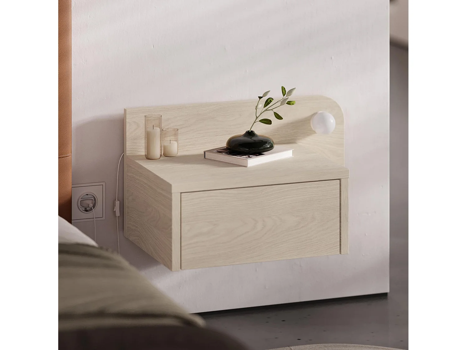 Nachttisch mit Glühbirne aus Holz "Dotta" - 52 x 30 x 28 cm - Beige