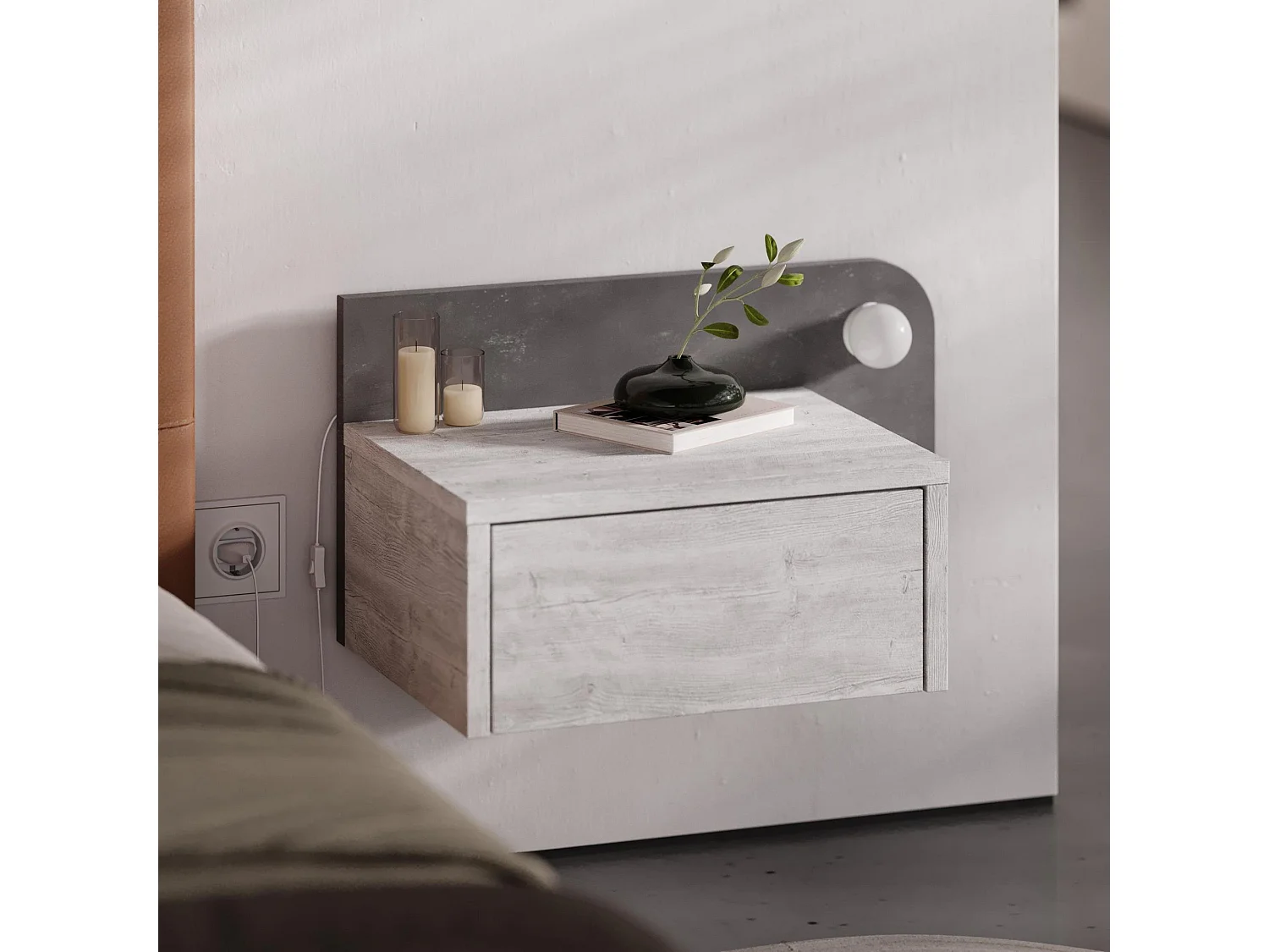 Nachttisch mit Glühbirne aus Holz "Dotta" - 52 x 30 x 28 cm - Grau