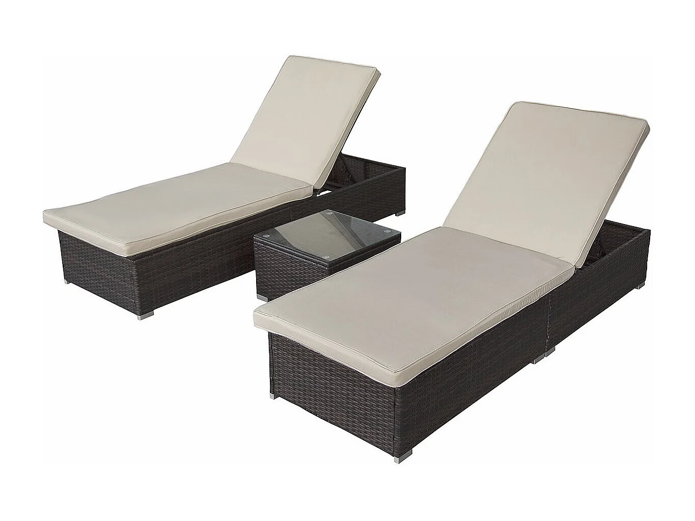 Lot de 2 bains de soleil en résine tressée avec coussins et table basse "Alice" - Marron