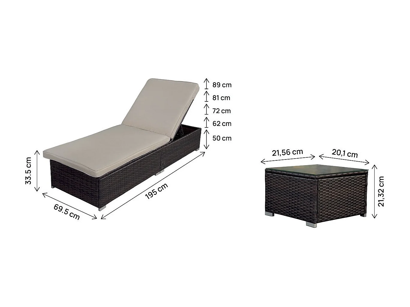 Lot de 2 bains de soleil en résine tressée avec coussins et table basse "Alice" - Marron
