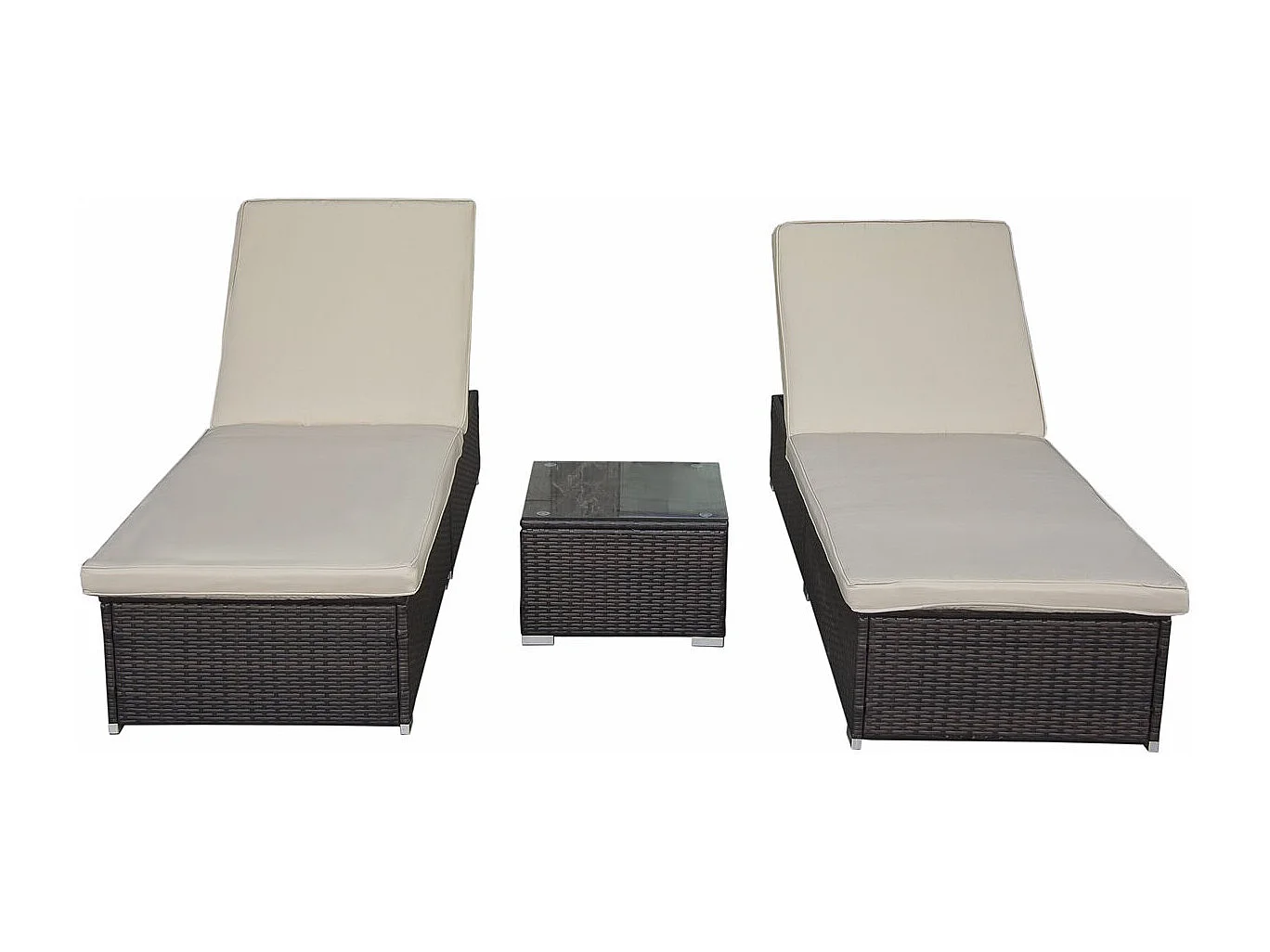 Lot de 2 bains de soleil en résine tressée avec coussins et table basse "Alice" - Marron
